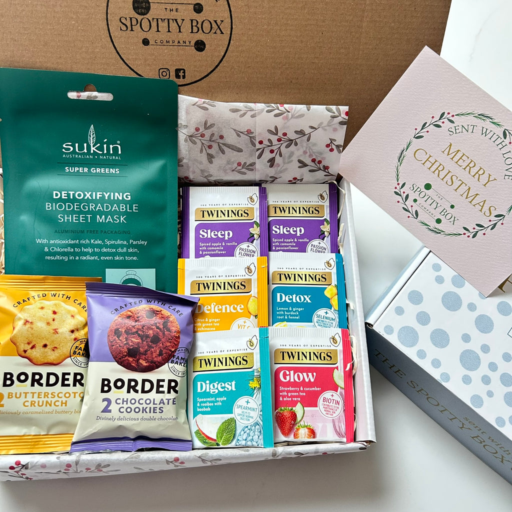 Christmas Pamper Hamper: Herbal tea, Border Biscuits & Face Mask