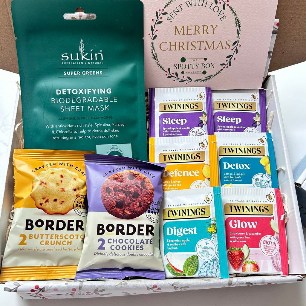 Christmas Pamper Hamper: Herbal tea, Border Biscuits & Face Mask