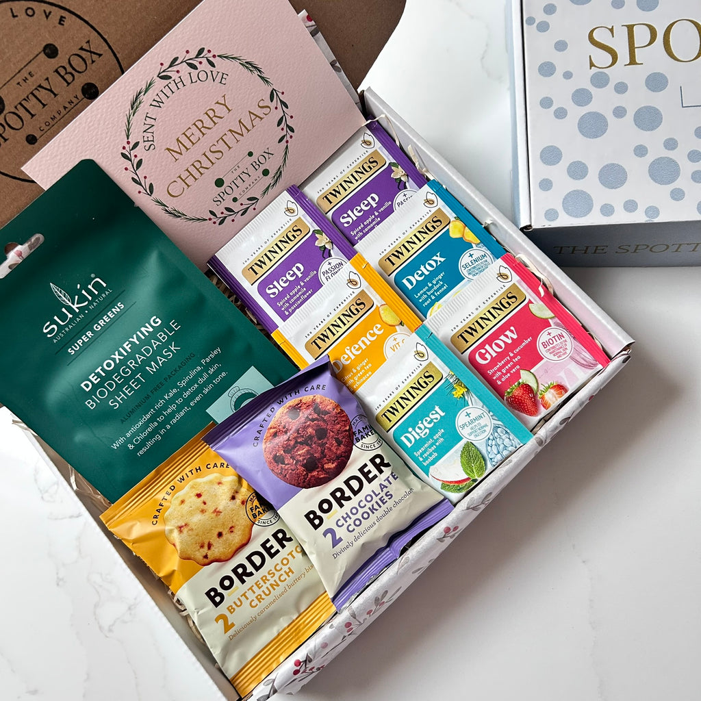 Christmas Pamper Hamper: Herbal tea, Border Biscuits & Face Mask