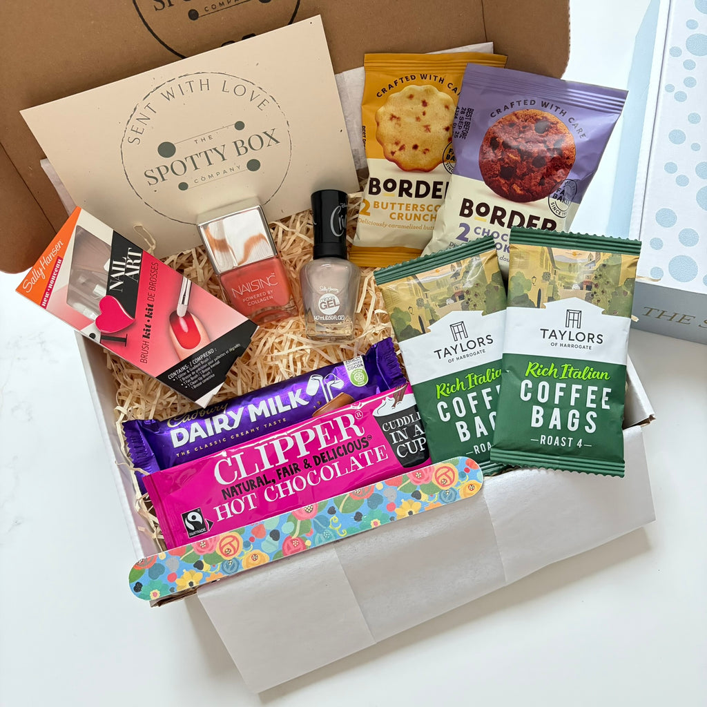 Nail Polish, Coffee & Treats Hamper - Orange/Silver