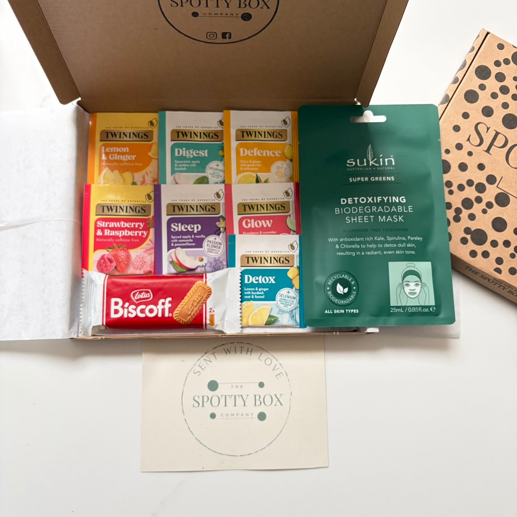 Letterbox Twinings Fruit tea, Biscoff biscuit & pamper hamper