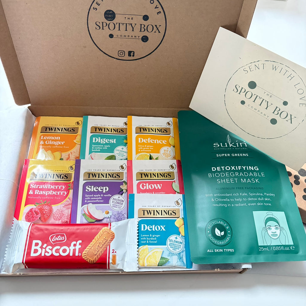 Letterbox Twinings Fruit tea, Biscoff biscuit & pamper hamper