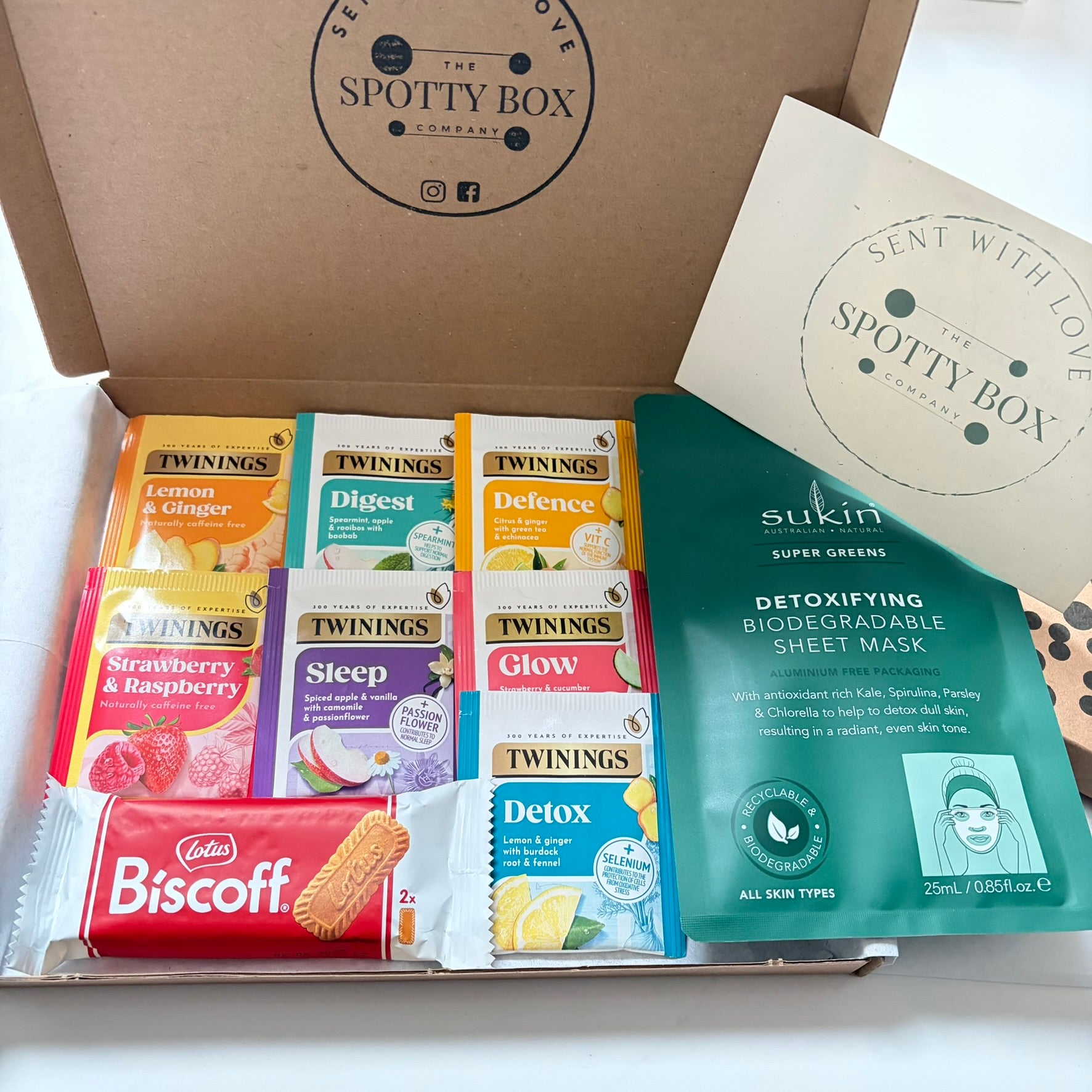 Letterbox Twinings Fruit tea, Biscoff biscuit & pamper hamper