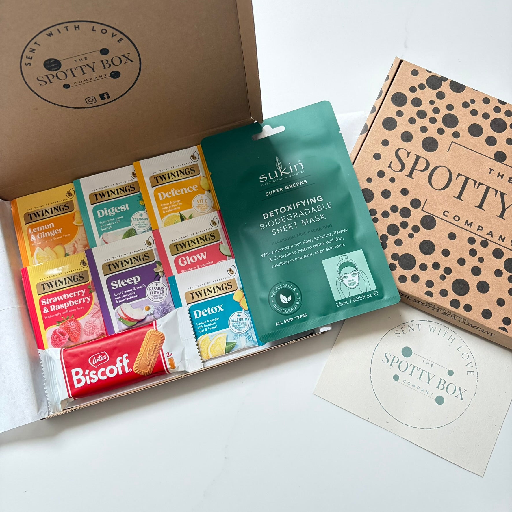 Letterbox Twinings Fruit tea, Biscoff biscuit & pamper hamper