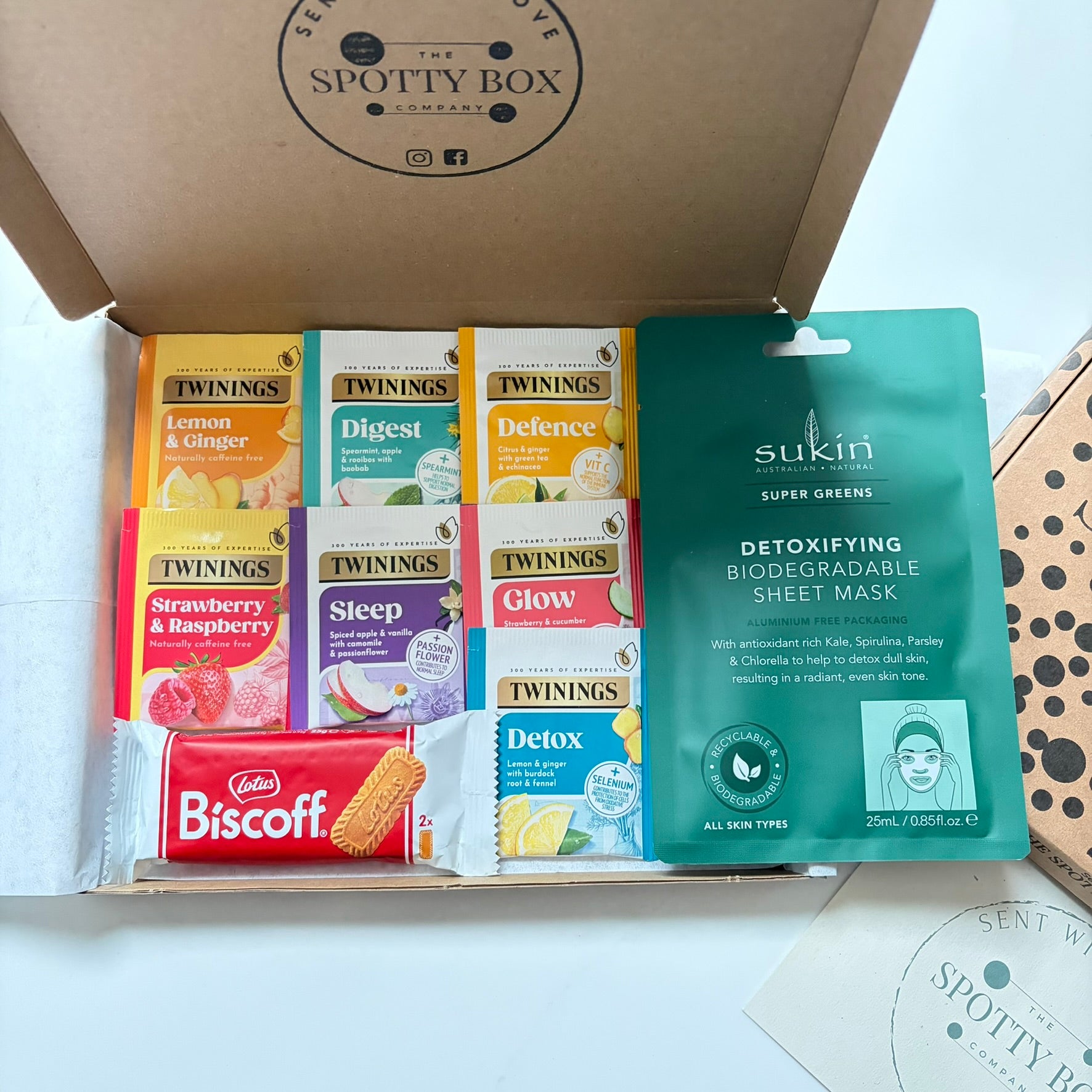 Letterbox Twinings Fruit tea, Biscoff biscuit & pamper hamper